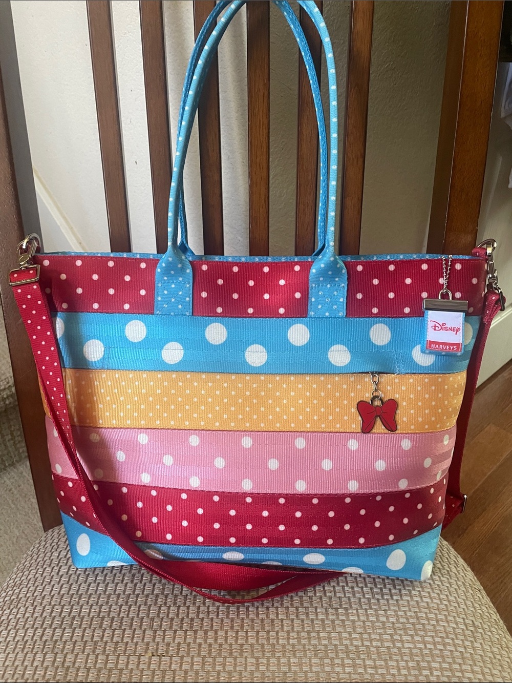 Harveys Dianey Minnie Lots of Dots Stripe Tote Bag in Red, Blue, Yellow, Pink